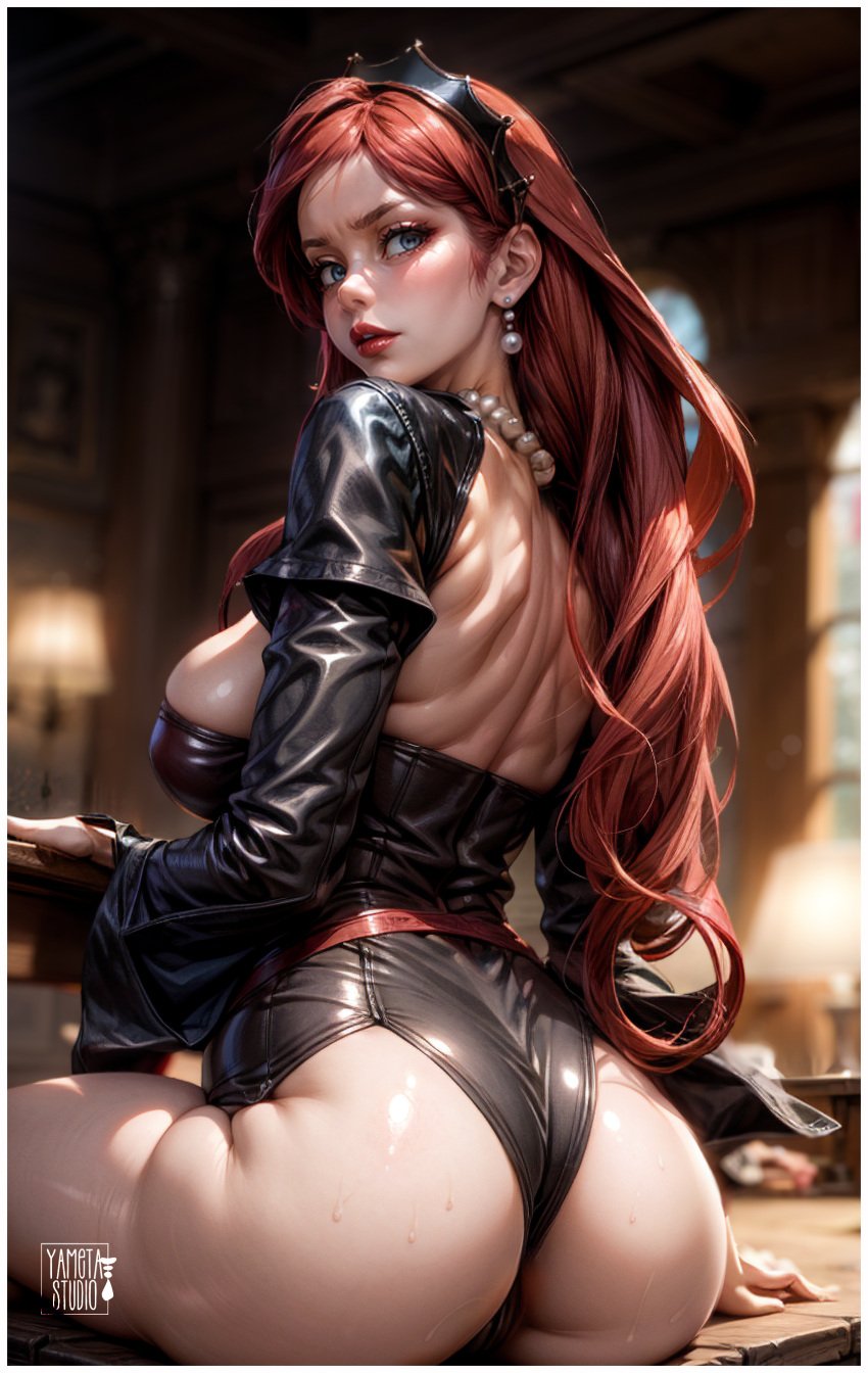 ai_generated ass ass_cleavage ass_focus bdsm_gear bdsm_outfit big_breasts bondage booty_shorts cleavage female hilda_boreas_greyrat leather leather_clothing looking_back milf mother mushoku_tensei mushoku_tensei:_isekai_ittara_honki_dasu pearl_necklace red_hair woman_focus woman_in_suit woman_only yametastudio