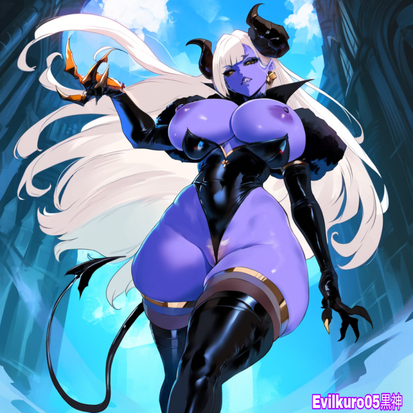 ai_generated black_sclera demon_girl evilkuro05 original_character purple_skin white_hair yellow_eyes