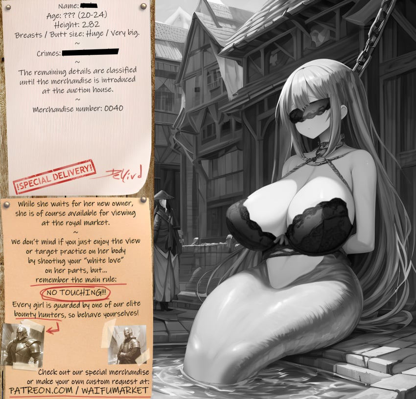 ai_generated anime blue_hair bondage bounty_hunters chains collar edited fantasy female fictional huge_boobs huge_breasts market mermaid naked nude photoshop roleplay slave slavegirl slavery special waifu water