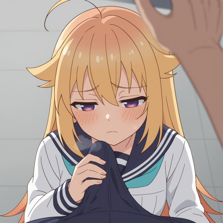 ai_generated big_ass blonde_hair blush demens_kippy faceless_male handjob handjob_through_clothing koshi_torako large_penis long_hair medium_breasts pov purple_eyes school_uniform schoolgirl sex shikanoko_nokonoko_koshitantan