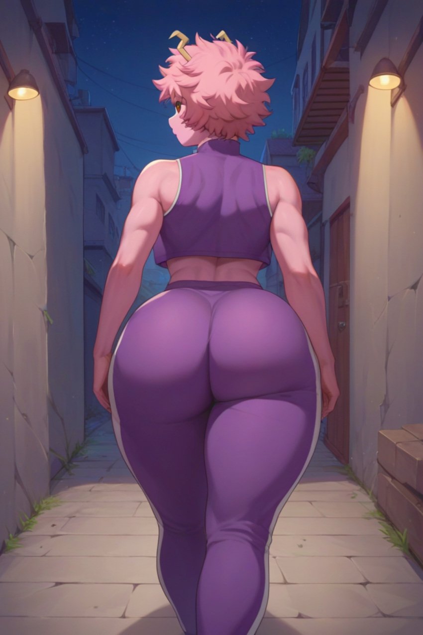 777sexo777_(artist) ai_generated alley alleyway ashido_mina curvy curvy_figure looking_at_viewer looking_back mina_ashido my_hero_academia night track_pants walking