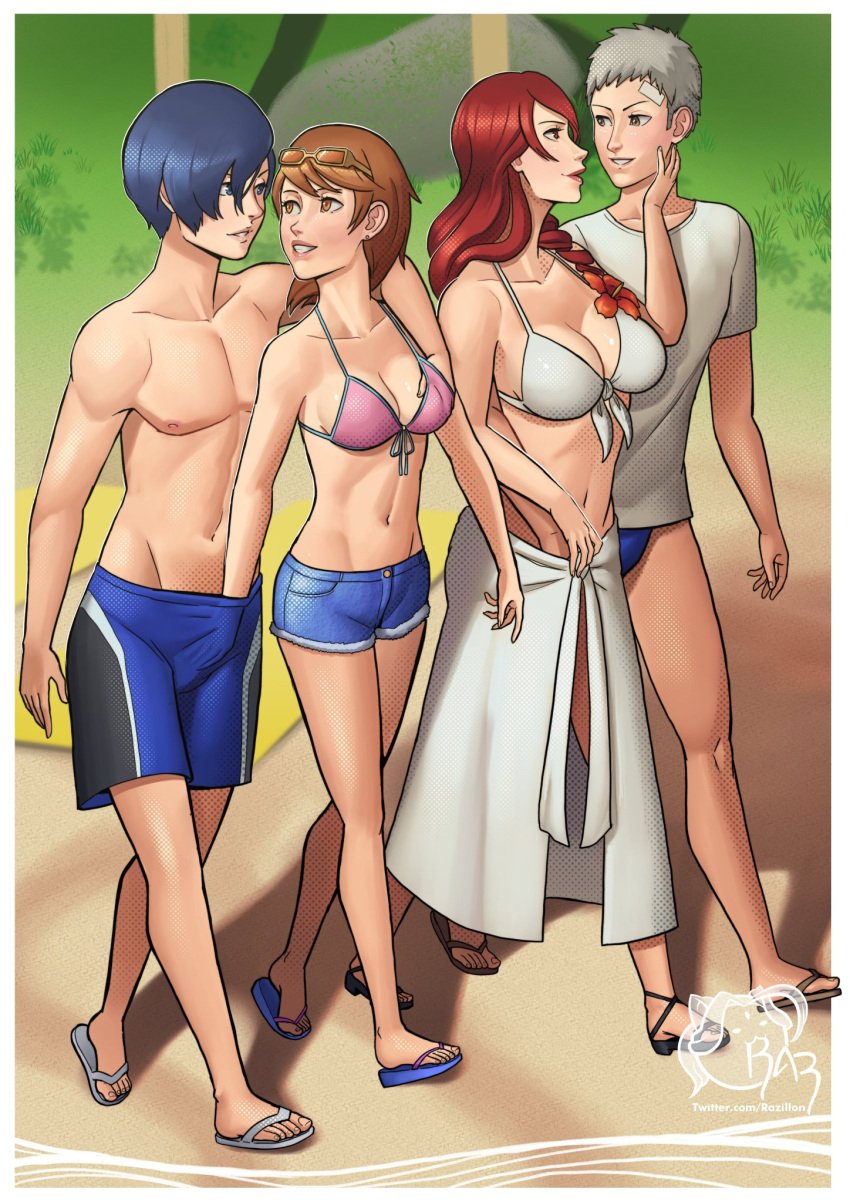 akihiko_sanada beach bikini breasts hand_in_panties hand_in_pants hand_on_breast imminent_sex makoto_yuki male_swimwear mitsuru_kirijo multiple_boys persona persona_3 razillon swimming_trunks swimsuit tagme yukari_takeba