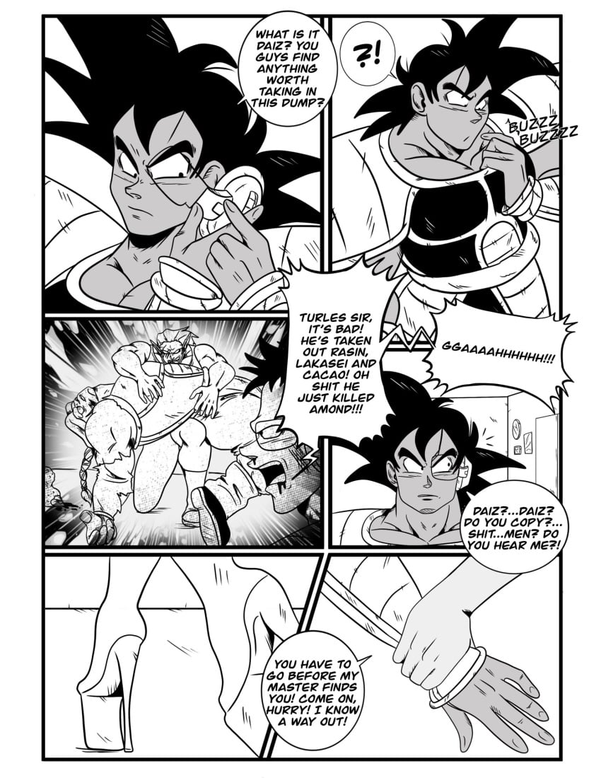 black_and_white comic comic_page crossdressing dialogue dragon_ball dragon_ball_z femboy feminine_male fight male_only original_character saiyan scouter speech_bubble turles ukevegeta13 yam_(ukevegeta13)