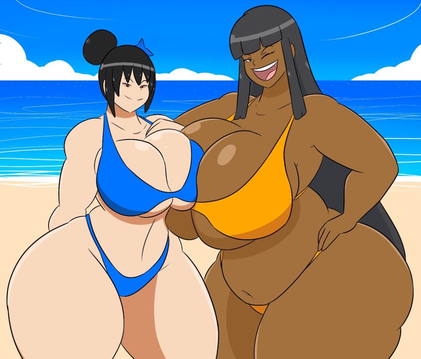 beach beach_background bikini bikini_bottom bikini_top blasian blue_bikini boob_squish breast_squish breasts_bigger_than_head chubby_belly curvy curvy_body curvy_female curvy_figure curvy_hips hips hips_wider_than_shoulders hourglass_figure igphhangout japanese_female looking_at_viewer mizu_(igphhangout) ms._canfield orange_bikini small_waist waist wide_hips