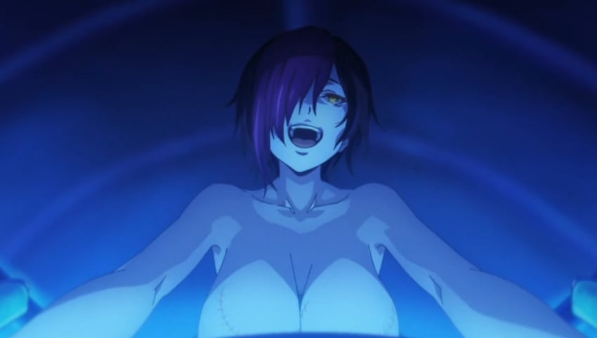 black_hair casual female female_only hair_highlights hair_over_eye hair_over_one_eye hair_over_one_eyes happy happy_face highlights_(coloring) human ishura_(series) mouth naked nihilo_the_vortical_stampede nude open_mouth open_mouth_smile pale_skin pilot purple_hair scar scar_on_breast scar_on_breasts scarred scarred_breasts screencap screenshot short_hair stitches tagme tomboy two_tone_hair yellow_eyes