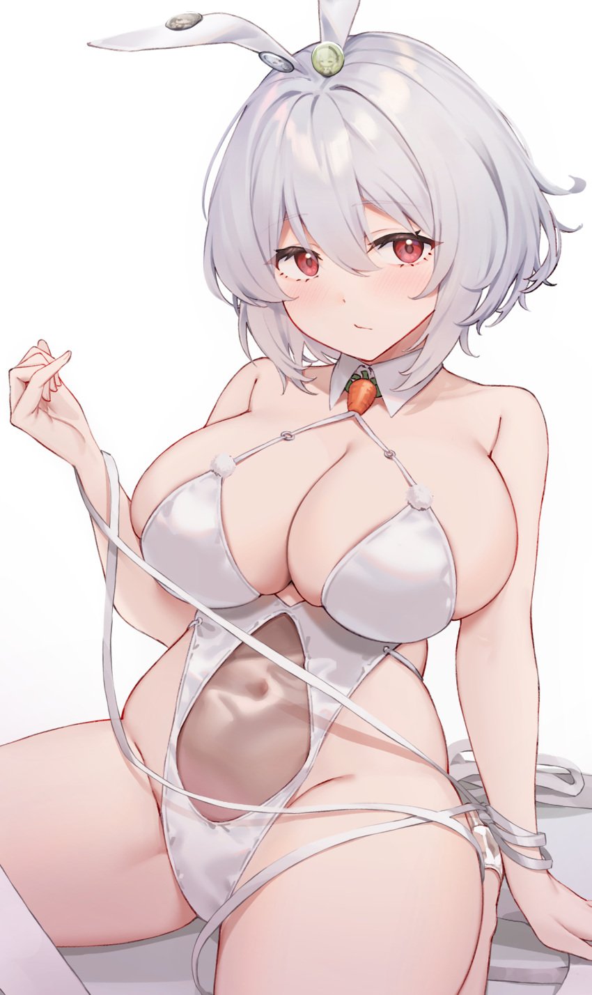 1girls alternate_costume animal_ears azur_lane badge blush breasts cleavage closed_mouth covered_navel fake_animal_ears female female_only grey_hair hair_between_eyes highleg highleg_leotard highres kimi_tsuru large_breasts leotard light-skinned_female light_skin looking_at_viewer playboy_bunny rabbit_ears royal_navy_(azur_lane) short_hair simple_background sirius_(azur_lane) sirius_(rabbit_of_paradise)_(azur_lane) sitting skindentation solo white_background white_leotard