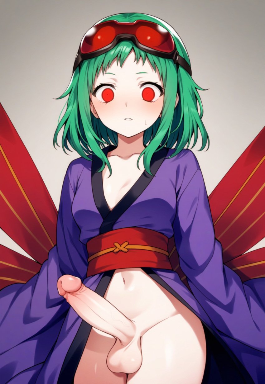 1futa 1girls ai_generated aquamarine_hair breasts female female_only futa_only futanari glowing_eyes goggles goggles_on_head green_hair gumi japanese_clothes kimono large_penis long_sleeves masa_works_design medium_aquamarine_hair medium_hair milua mv_character navel obi oni_to_kitsune_no_hanashi open_clothes open_kimono parted_lips penis purple_kimono red-tinted_eyewear red_eyes red_goggles red_sash sash self_upload short_bangs sidelocks solo solo_female solo_futa sweatdrop the_doll_owner_(onibi_series) tinted_eyewear vocaloid wide_sleeves