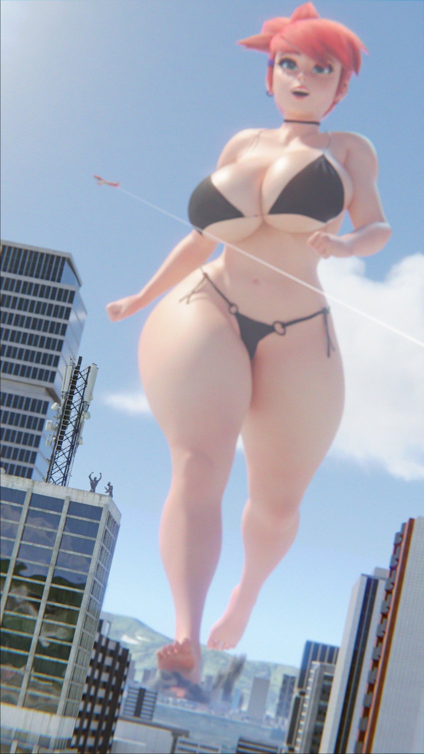 1girls 3d 3d_(artwork) bikini black_bikini bottopbot2 cartoon_network city city_destruction destruction foster's_home_for_imaginary_friends frankie_foster giant_female giant_woman giantess giga_giantess light-skinned_female light_skin red_hair swimwear walking