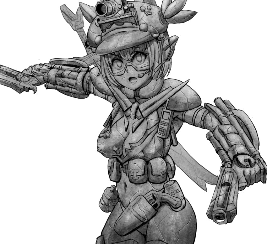 armor belt blush breasts cleavage cowboy_shot female_focus fingerless_gloves gloves greyscale hat helmet large_breasts long_hair looking_at_viewer lotusgun monochrome navel nipples open_mouth petrification pouch scar simple_background solo statue stone_statue teeth torn_clothes weapon white_background wide-eyed