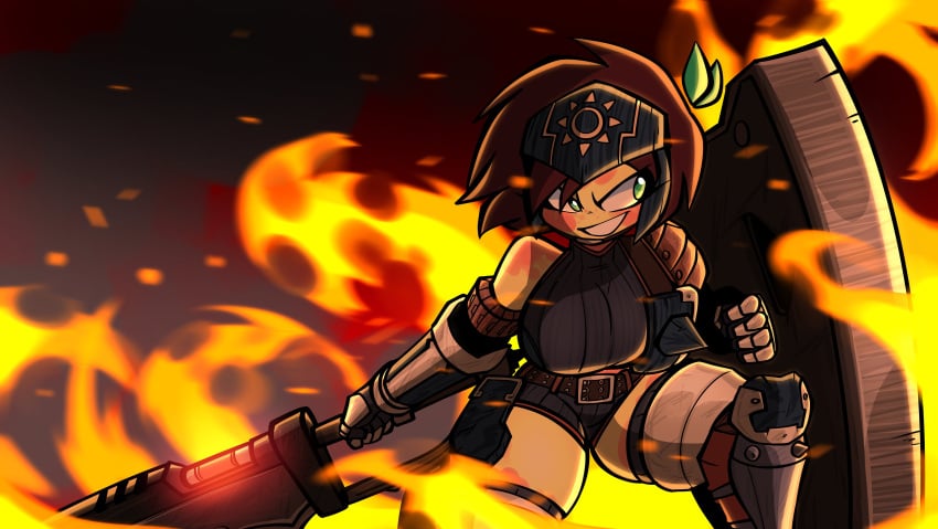 1girls badass big_breasts breasts brown_hair fire fruit fruit_humanoid green_eyes jek_korpen persicca_(jek_korpen) sword thick_thighs thighs thunder_thighs