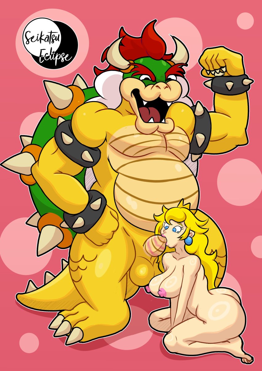 1boy 1girls artist_logo artist_name big_balls big_breasts big_nipples big_penis blonde_hair blowjob bowser commission fellatio female huge_balls huge_breasts huge_cock huge_nipples male male_focus mario_(series) nintendo princess princess_peach seikatsueclipse super_mario_bros.