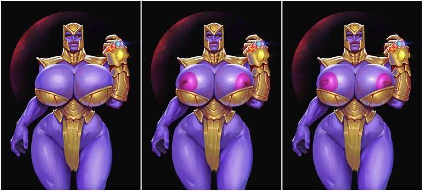 1girls avengers big_breasts big_lips big_nipples boobsgames golden_suit huge_breasts infinity_gauntlet marvel marvel_comics purple_skinned_female rule_63 solo thanos wide_hips