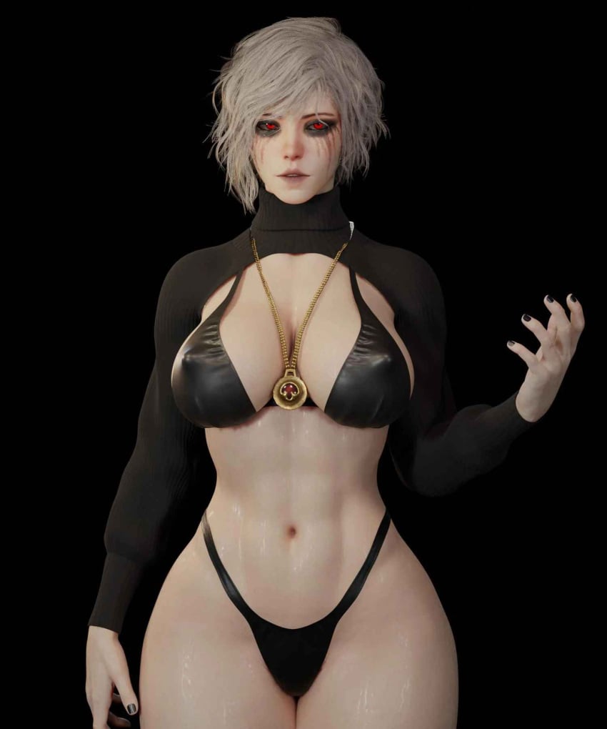 1girls 3d 3d_(artwork) big_breasts black_background black_bikini female female_only jewelry red_pupils smeared_makeup soboro ulrika_magdova vampire warhammer_(franchise) warhammer_age_of_sigmar warhammer_fantasy white_hair