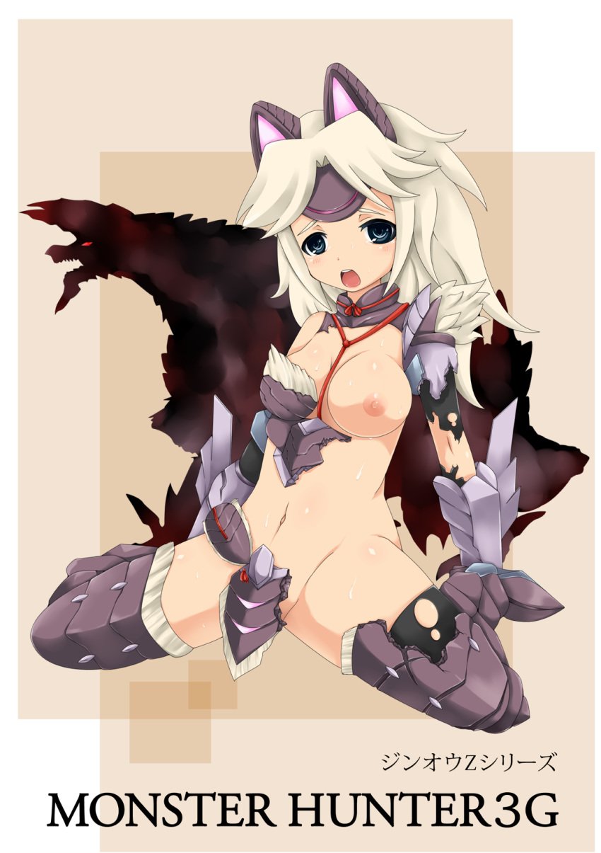 alternate_color animal_ear armor blue_eyes blush breasts broken_armor capcom female highres jinouga jinouga_(armor) jinouga_subspecies monster_hunter monster_hunter_3_g white_hair