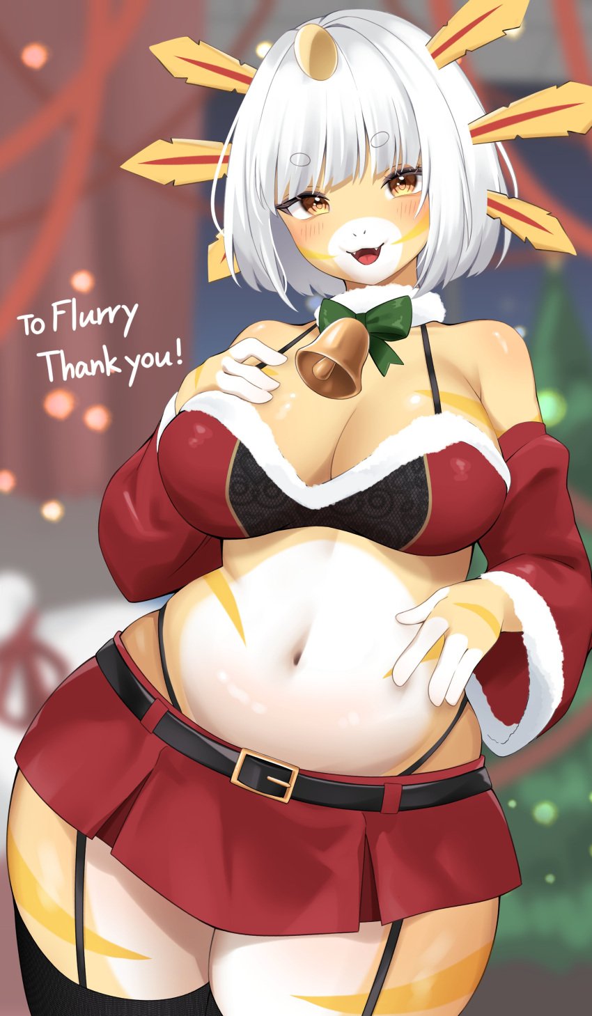 1girls 2d 2d_(artwork) 4_fingers anthro axolotl bell_collar belly big_breasts bra christmas christmas_outfit christmas_tree colored digital_media_(artwork) external_gills furry hand_on_breast hand_on_hip hi_res looking_at_viewer maru_mao_(artist) miniskirt open_mouth round_eyebrows text thick_thighs thighhighs topwear white_hair yellow_body yellow_eyes yellow_stripes