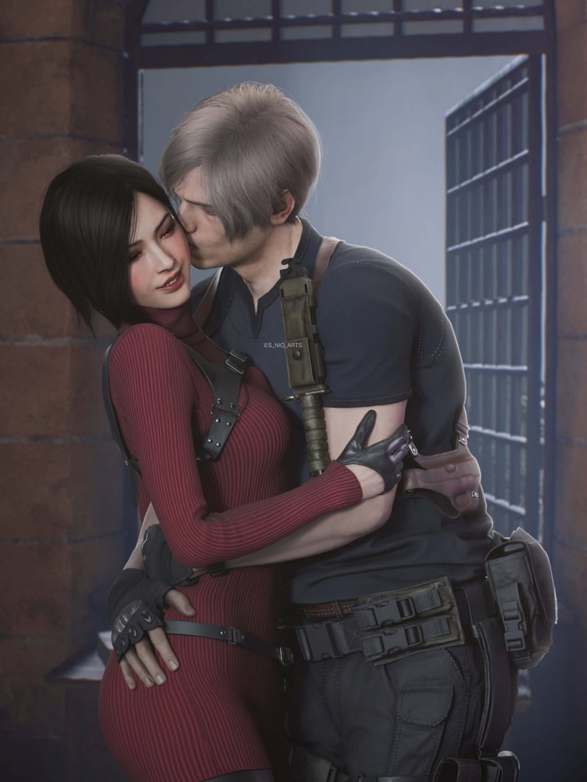 1girl1boy 3d ada_wong asian asian_female ass black_hair bob_cut breasts embrace es_nio_arts_(artist) gloves hugging kissing kissing_cheek leon_scott_kennedy lipstick looking_at_partner resident_evil resident_evil_4 resident_evil_4_remake side_view skirt slim_waist tight_clothing