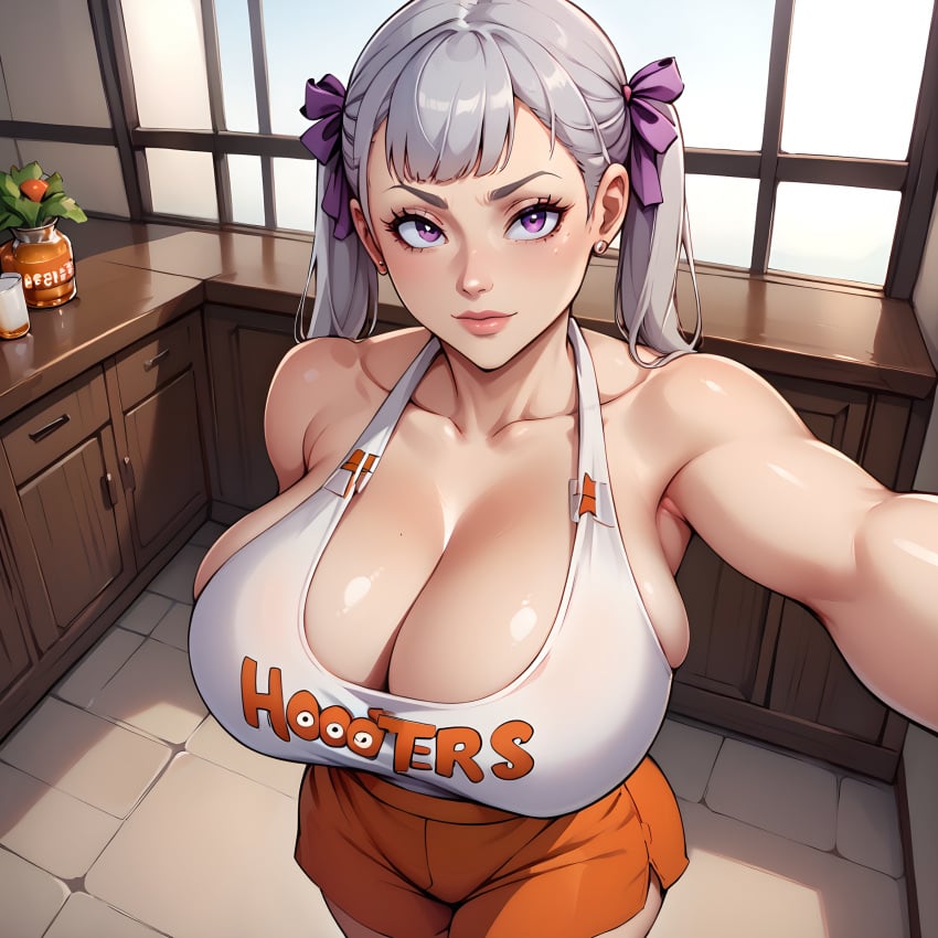 1girls ai_generated big_breasts bikini black_clover breasts cleavage curvy hi_res hooters huge_breasts large_breasts no_bra noelle_silva purple_eyes rubyart selfie silver_hair skimpy twintails