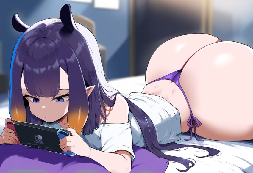 ai_generated ameanon ass big_ass gaming hololive hololive_english hololive_myth huge_ass large_ass ninomae_ina'nis nintendo_switch off_shoulder on_bed on_stomach panties playing_videogame pointy_ears side-tie_panties t-shirt thick_thighs virtual_youtuber vtuber