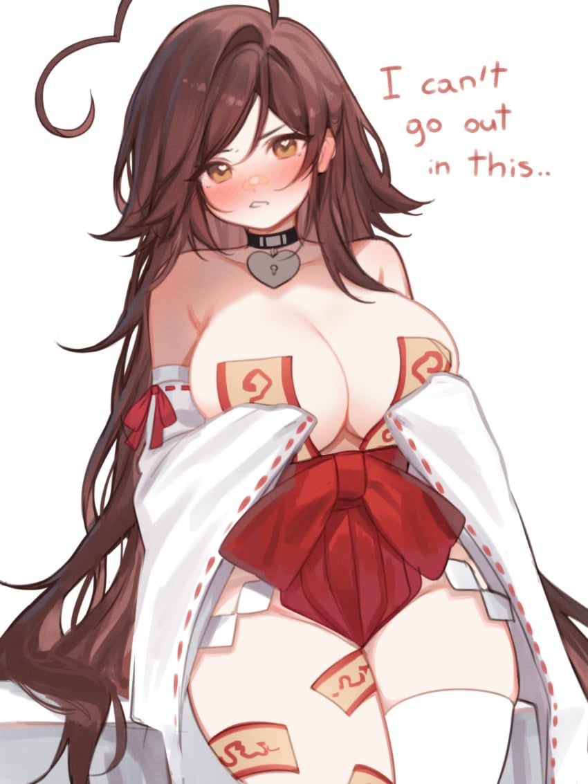 bare_shoulders breasts brown_hair covered_nipples heart-shaped_pupils heart_choker long_hair looking_at_viewer sky_(skyaboveme) skyaboveme text thighs thighs_together unimpressed white_background yellow_eyes