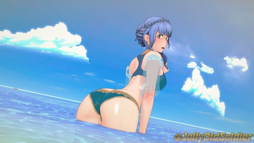 1girls 3d alternate_costume ass beach bikini blue blue_bikini blue_hair blue_swimsuit breasts brown_eyes female female_only fire_emblem fire_emblem:_three_houses fire_emblem_heroes jollyoldsoldier large_ass looking_back marianne_von_edmund marianne_von_edmund_(summer) medium_breasts ocean official_alternate_costume outdoors short_hair solo swimsuit