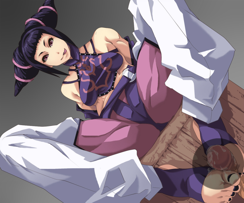 black_hair brown_eyes feet female footjob human juri_han male mikanbako penis perspective spread_legs straight street_fighter tongue