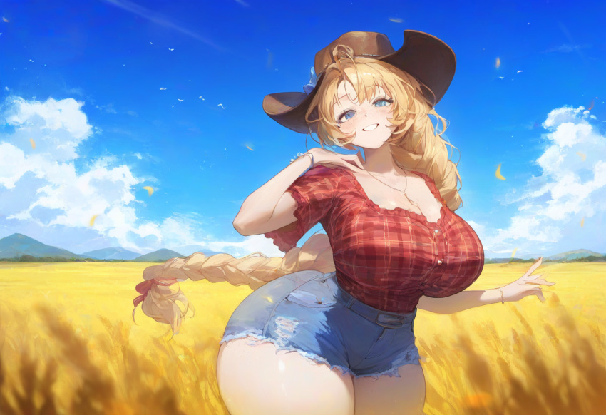 1girls ai_generated blonde_hair blue_eyes braided_ponytail denim_shorts freckles huge_breasts long_hair narrow_waist novelai original plaid_shirt short_shorts smile solo solo_female thick_thighs wheat_field wide_hips