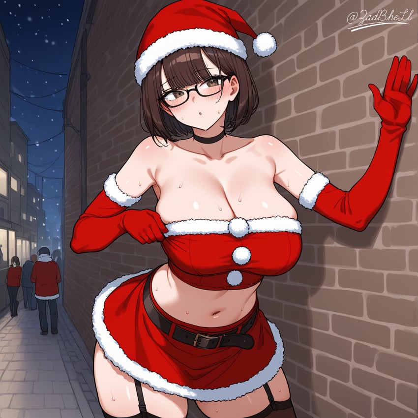 1girls ai_generated ass big_ass big_breasts cheating christmas clothes female glasses netorare ntr public pussy voluptuous_female wife zadbhell