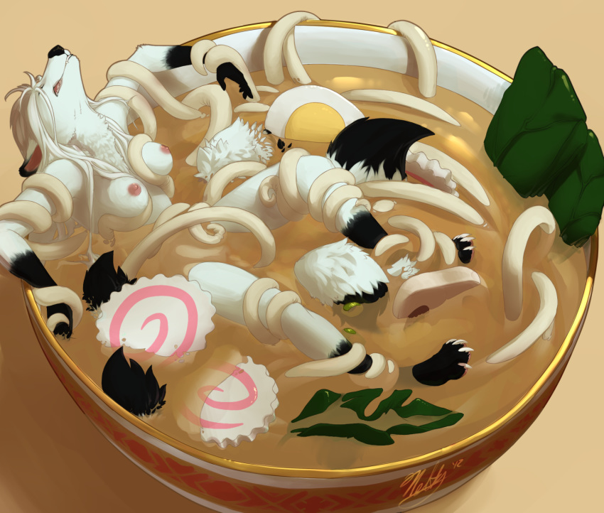 blind bowl breasts canine female fluff fluffy_tail food fox hair long_hair multiple_tails neltruin noodles nude penetration plain_background ramen sex solo tentacle vaginal_penetration white_fur white_hair