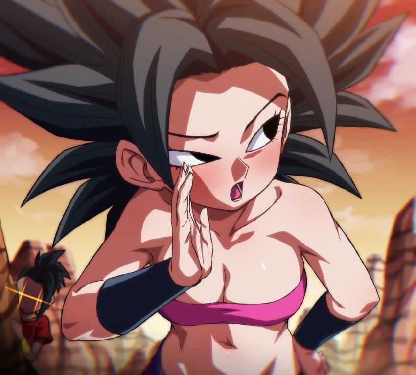 2girls bare_shoulders big_breasts black_eyes black_hair caulifla dragon_ball dragon_ball_super hi_res kale multiple_girls outdoors pov rom rom_(20)