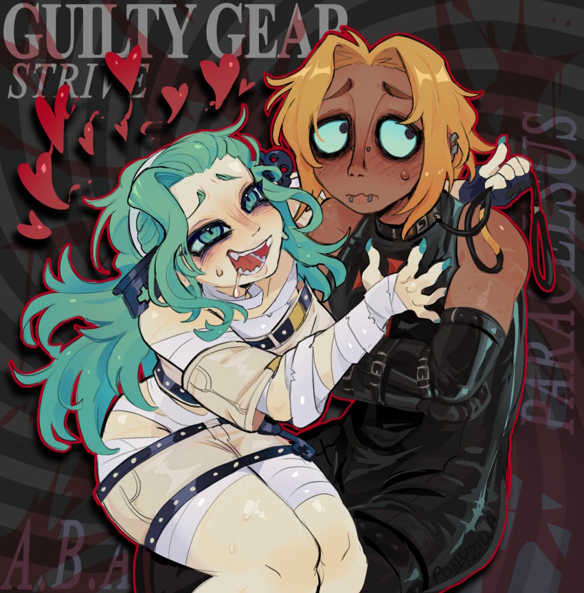 a.b.a bandage bandages blonde_hair blue_hair blush bondage clothed collar color colored crazy crazy_eyes dominant_female drooling embarrassed female gimp gimp_suit gimphorse green_hair guilty_gear guilty_gear_strive guilty_gear_xx hands humanized line_art long_hair male nails paracelsus piercing piercings ponyzilla sharp_teeth shy_male smile thick_thighs thighs tied_up video_game