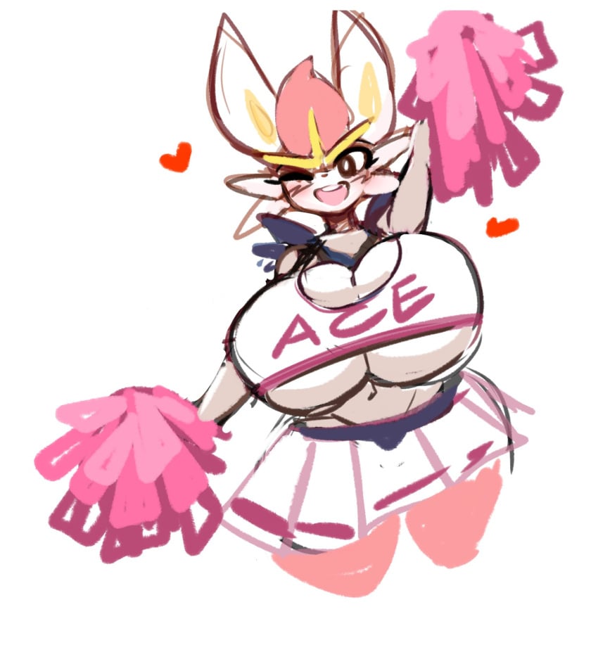 adorable big_breasts blush blush_lines blushing blushing_at_viewer breasts_bigger_than_head bunny bunny_ears cheerleader_uniform cinderace cleavage crest cute game_freak gipehtyboon happy heart_symbol hourglass_figure leporid looking_at_viewer multicolored_body nintendo pokemon pom_poms rabbit rabbit_ears red_hair simple_background underboob yboon