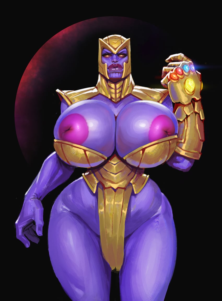 1girls avengers big_breasts big_lips big_nipples boobsgames golden_suit huge_breasts infinity_gauntlet marvel marvel_comics purple_skinned_female rule_63 solo thanos wide_hips