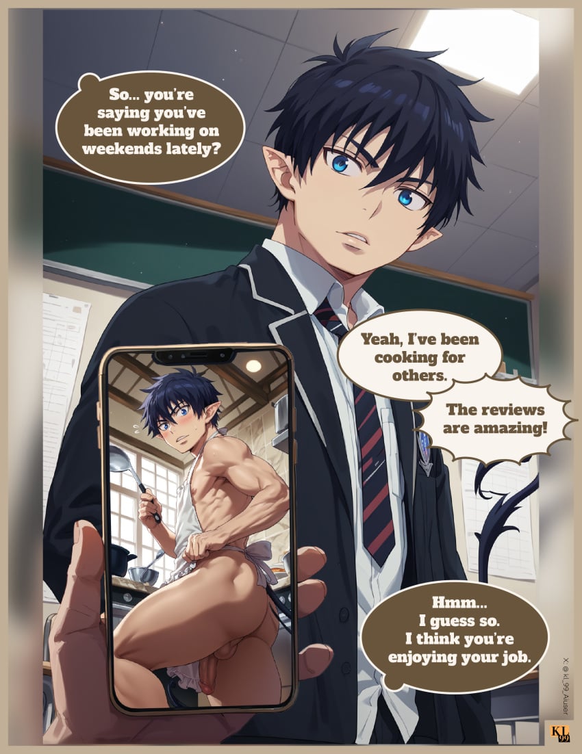 ai_generated anime ao_no_exorcist bara before_and_after gay hentai kl_99 male male/male male_only okumura_rin phone photo rin_okumura yaoi