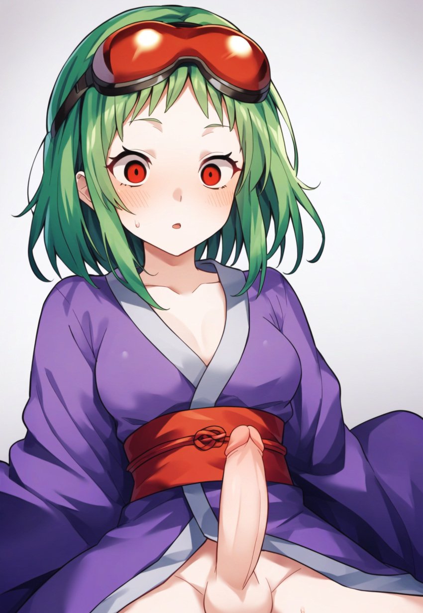 1futa 1girls :o ai_generated blush breasts female female_only forehead futa_only futanari goggles goggles_on_head green_hair gumi japanese_clothes kimono large_penis looking_at_own_penis looking_at_penis masa_works_design milua mv_character oni_to_kitsune_no_hanashi open_clothes open_kimono penis purple_kimono red_eyes red_goggles red_sash sash self_upload short_bangs short_hair sidelocks solo solo_female solo_futa surprised sweat sweatdrop unidentified_doll_owner vocaloid wide_eyed