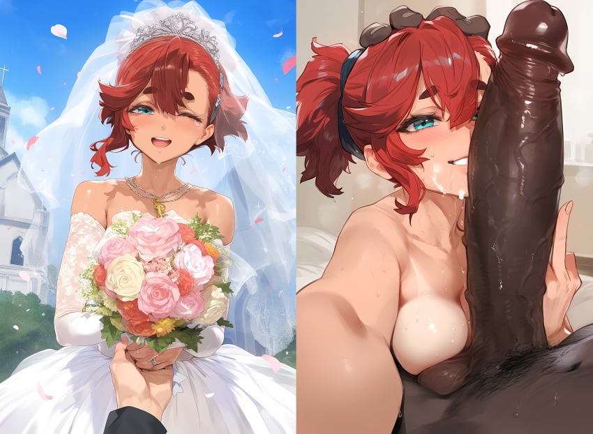 ..l., 1girls 2boys absurdly_large_cock ai_generated blue_eyes blush cheating cock_worship dark-skinned_male female gundam gundam_suisei_no_majo large_penis lewdqueen looking_at_viewer netorare ntr red_hair smile suletta_mercury tagme wedding_dress wedding_veil wink