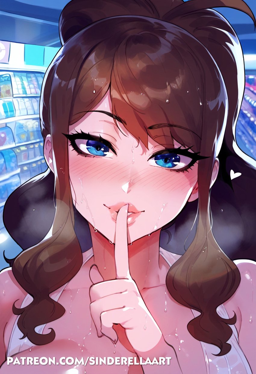 ai_generated female female_only game_freak hilda_(pokemon) imminent_anal imminent_sex looking_at_viewer nintendo pokemon pokemon_bw public shush shushing sinderellaart solo thiccwithaq_(ai_style)