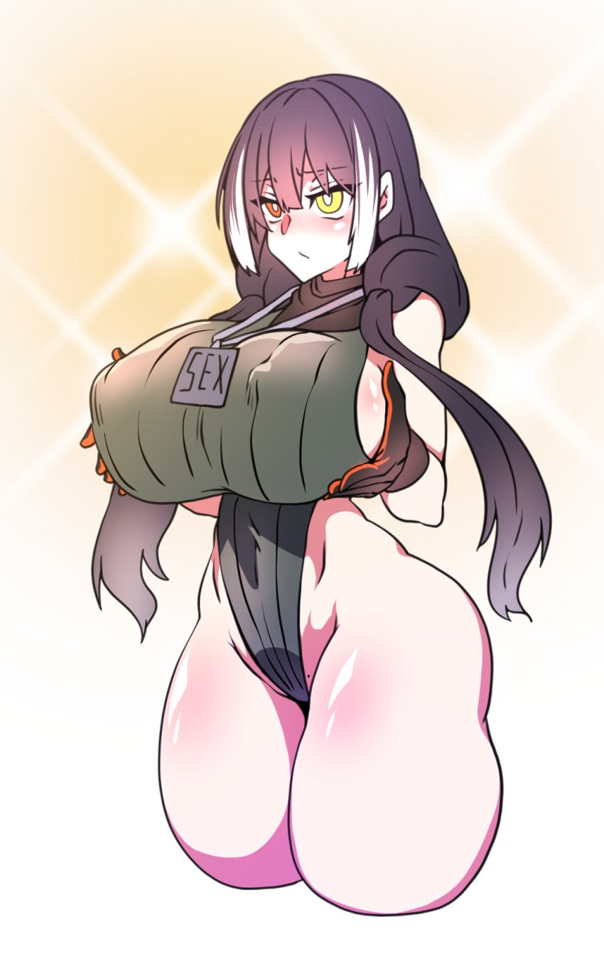 alternate_breast_size bare_shoulders black_gloves black_hair blush breasts covered_nipples cowboy_shot female girls'_frontline gloves grabbing_own_breast gradient_background h_earth hair_over_shoulder heterochromia highleg highleg_one-piece_swimsuit highres huge_breasts lanyard leotard long_hair low_twintails mole mole_on_crotch multicolored_hair nose_blush one-piece_swimsuit red_eyes ribbed_leotard ro635_(girls'_frontline) simple_background sleeveless sleeveless_sweater solo streaked_hair super_highleg sweater swimsuit thick_thighs thighs twintails white_background white_hair wide_hips yellow_background yellow_eyes