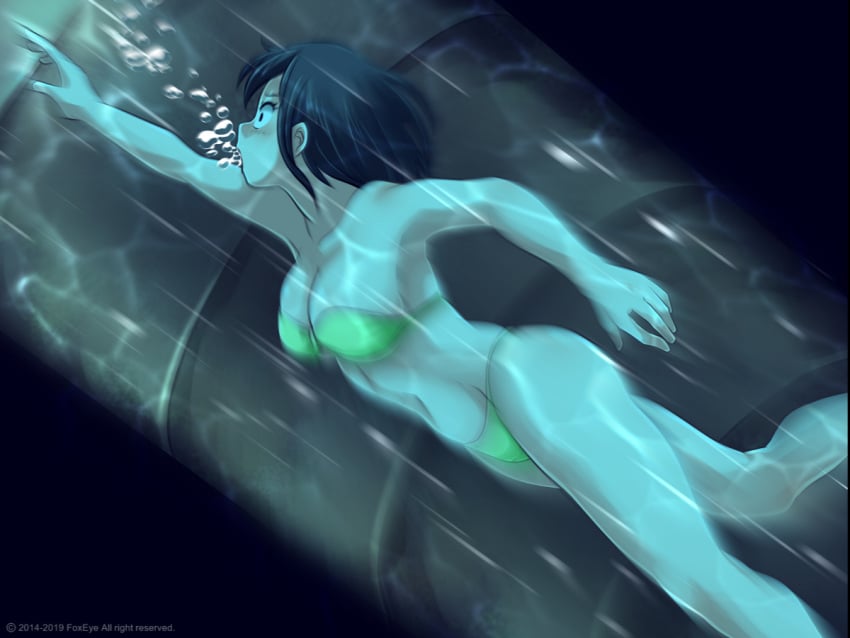 armpits asphyxiation at_night_in_a_party:_the_whisper_of_the_sea big_breasts bikini black_eyes black_hair breasts collarbone drowning female female_only foxeye_(artist) foxeye_limited_game_collection game_cg green_bikini imminent_death karin_(foxeye) navel original peril pipe ship shipwreck solo solo_female strapless_bikini strapless_bra sunken_ship swimming swimsuit underwater