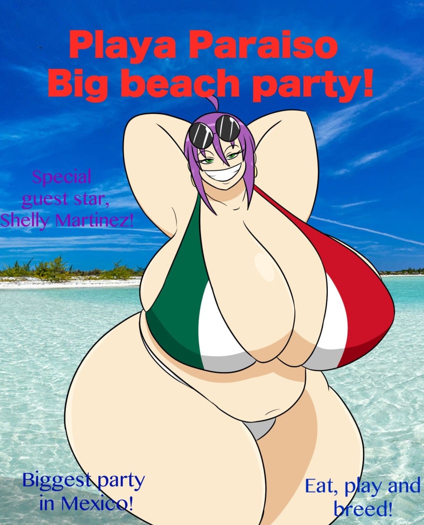 ass_bigger_than_head beach beach_background bikini bikini_bottom bikini_top breasts breasts_bigger_than_head chubby chubby_belly chubby_female hips_wider_than_shoulders igphhangout looking_at_viewer mexican_flag_bikini mexico purple_hair shelly_(igphhangout) smile smiling smiling_at_viewer two_piece_swimsuit wide_hips