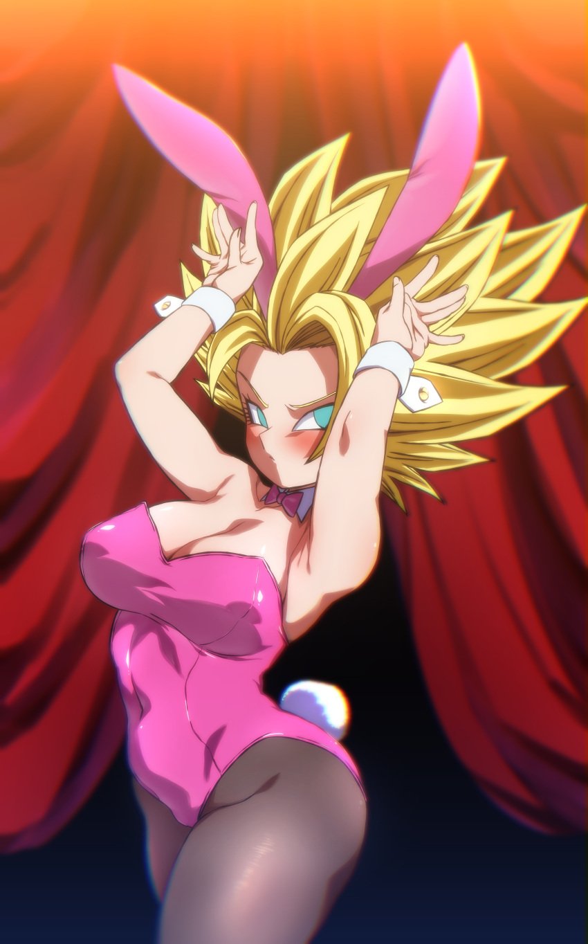 1girls big_breasts blonde_hair bunny_girl caulifla dragon_ball dragon_ball_z green_eyes hi_res rom rom_(20) super_saiyan tomboy