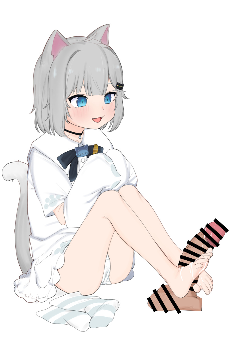 absurdres animal_ears bar_censor barefoot black_choker blue_eyes blush censored choker cum cum_on_body cum_on_feet detached_sleeves fangs female footjob genkimaruu grey_hair grey_tail hair_ornament highres indie_virtual_youtuber nachoneko open_mouth panties penis shirt sitting sleeves_past_fingers sleeves_past_wrists socks solo_focus tail underwear virtual_youtuber white_background white_panties white_shirt