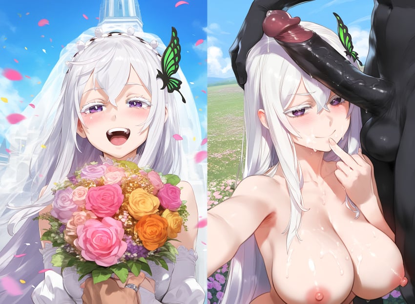 1girls 2boys ai_generated blush cheating cock_worship dark-skinned_male echidna_(re:zero) female interracial lewdqueen looking_at_viewer netorare ntr precum purple_eyes re:zero_kara_hajimeru_isekai_seikatsu smile tagme tears wedding_dress wedding_veil white_hair