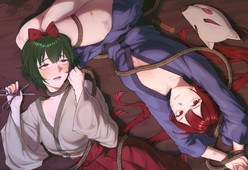 2girls akari_oborodzuka arms_up artist_name blood blue_kimono blush bound bound_wrists bow breasts bruise_on_leg bruises cleavage collarbone cuts dark_green_hair drool drooling english_text eyebrows eyebrows_visible_through_hair eyelashes eyelashes_visible_through_hair fox_mask green_eyebrows green_eyelashes green_hair grey_kimono gumi hairbow hakama hakama_skirt hatsune_miku holding holding_object holding_rope holding_scissors injury japanese_clothes kimono kitsune_no_yomeiri_(vocaloid) laying_on_back laying_on_floor long_hair long_sleeves lower_teeth lying mai_shishikusa masa_works_design mask medium_breasts minlover646 multiple_girls mv_character on_back on_floor oni_to_kitsune_no_hanashi open_mouth parted_lips red_bow red_eyebrows red_eyelashes red_eyes red_hair red_hair_bow red_hakama rope rotated saliva sash scissors scratches short_hair skirt teeth text twintails twitter_link twitter_username unworn_mask vocaloid wide_sleeves