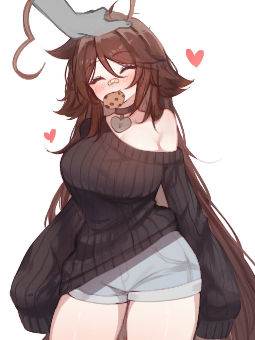 1girls big_breasts black_hoodie blush brown_hair closed_eyes cookie cookie_in_mouth female female_only headpat heart long_hair long_sleeves messy_hair short_pants sky_(skyaboveme) skyaboveme solo thighs white_background