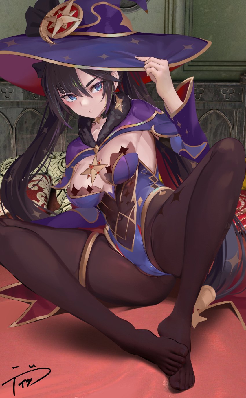 1girls big_hat black_hair breasts cameltoe dikko feet fully_clothed genshin_impact hat looking_away mona_(genshin_impact) pussy_peek sideboob tights