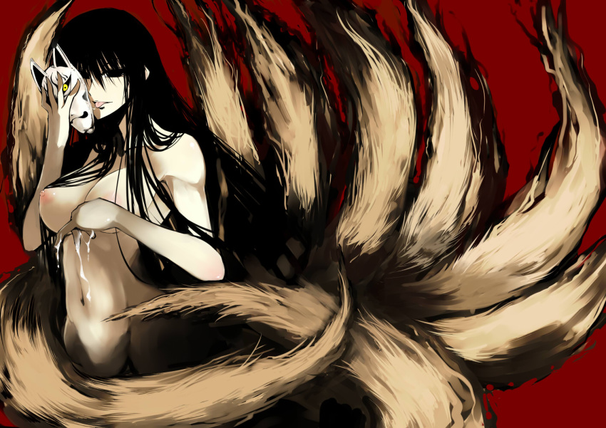 black_hair breasts cosaten cum fox_tail hagoromo_kitsune large_breasts licking long_hair mask multi_tail nipples nude nurarihyon_no_mago tail tongue