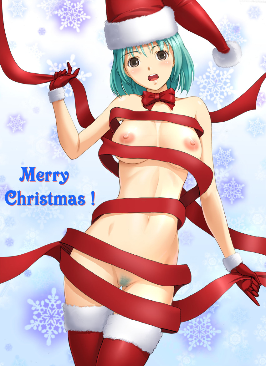 1girls blue_hair bowtie breasts brown_eyes christmas dragon@harry female gloves harii_(pixiv) hat highres naked_ribbon original pubic_hair ribbon solo surprised thighhighs uncensored