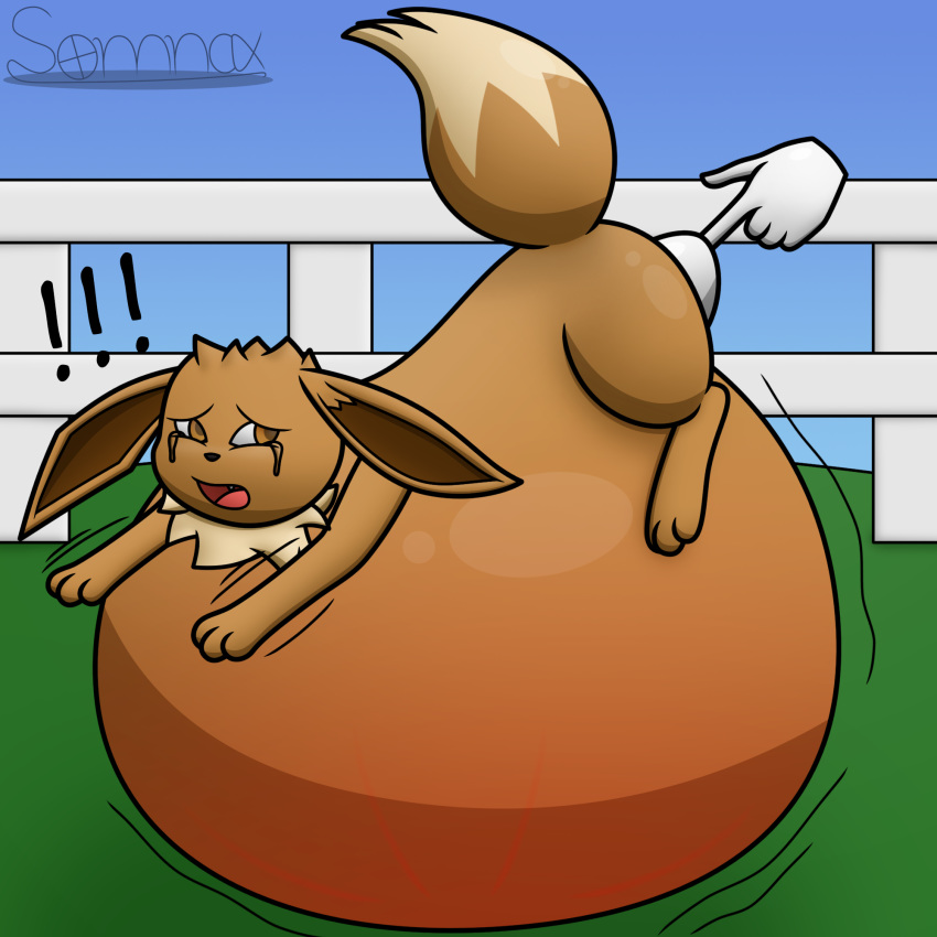 ! 1:1 ambiguous_gender belly big_belly blocked_birth blocked_egg bodily_fluids brown_body brown_fur disembodied_hand duo eevee eeveelution egg egg_insertion feral fur furry hi_res hyper hyper_belly hyper_pregnancy nintendo outside pokémon_(species) pokemon pokemon_(species) pokemon_rgby signature solo_focus somnax tears video_games