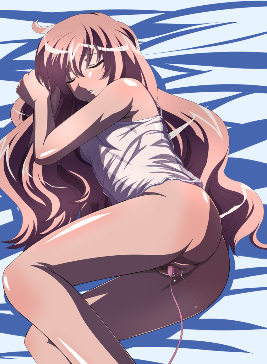 ashita_harere ass asu_hare asuhare bed blush camisole censored clothing egg_vibrator flat_chest highres long_hair louise_francoise_le_blanc_de_la_valliere negligee pink_hair pussy pussy_juice sleeping vibrator zero_no_tsukaima