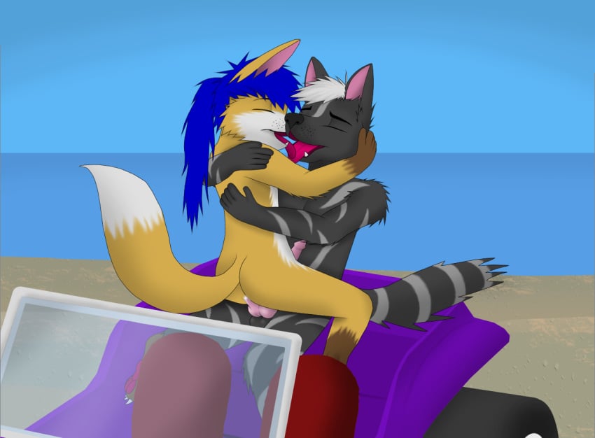 anthro bbd beach buggy canine closed_eyes doridian fox fur furry gay kissing male penetration seaside wolf